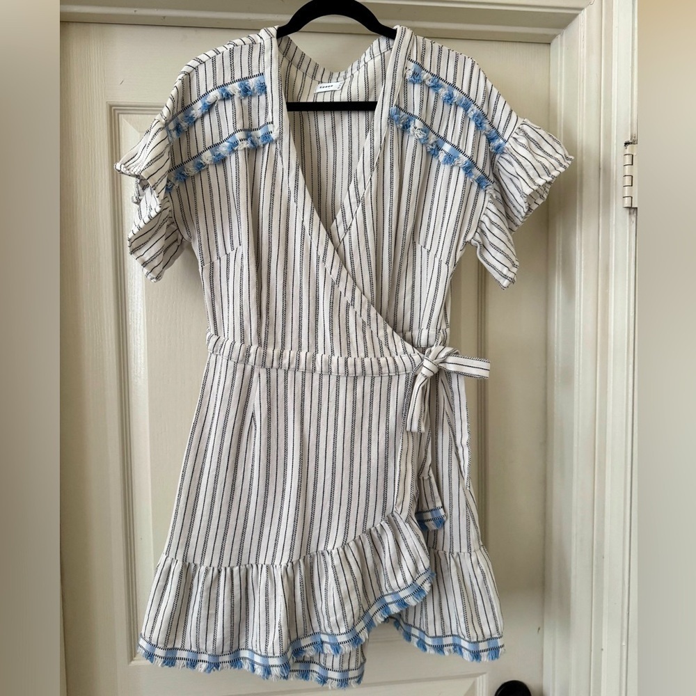 Suboo | Flutter Sleeve Wrap Dress Striped Fringe Cotton - Size 8 - Picture 2 of 6
